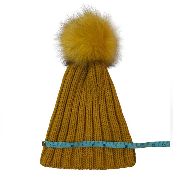 Mustard Yellow Knit Beanie with Faux Fur Pom Chunky Ribbed Winter Hat - Picture 5 of 6